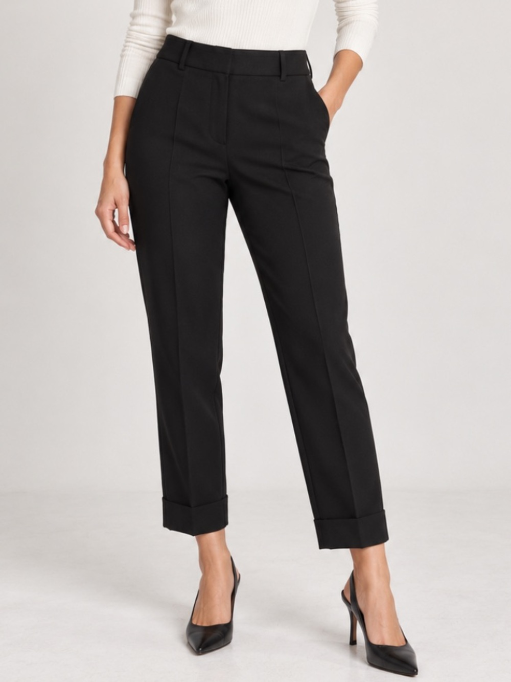 Express Columnist Mid-Rise Straight Trouser Cuffed Ankle Pant Career Black 4